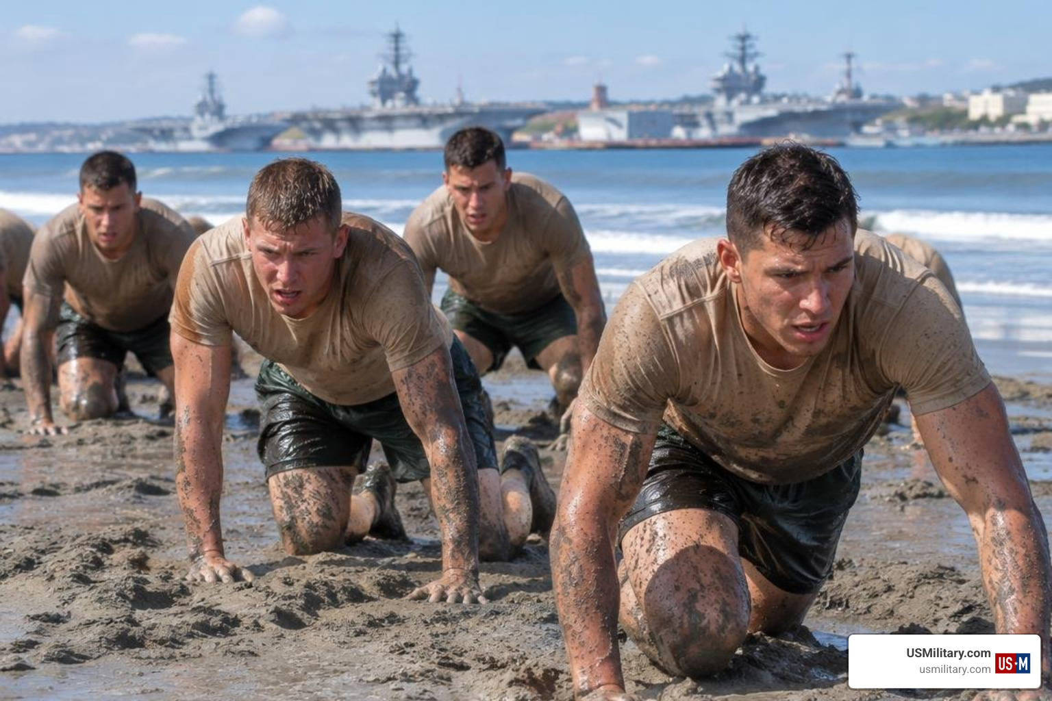 Navy SEAL candidates conducting physical training during BUD/S