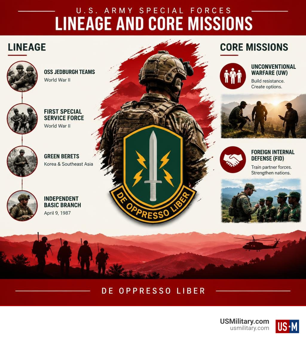 Lineage and core missions of U.S. Army Special Forces infographic Lineage and core missions of U.S. Army Special Forces infographic