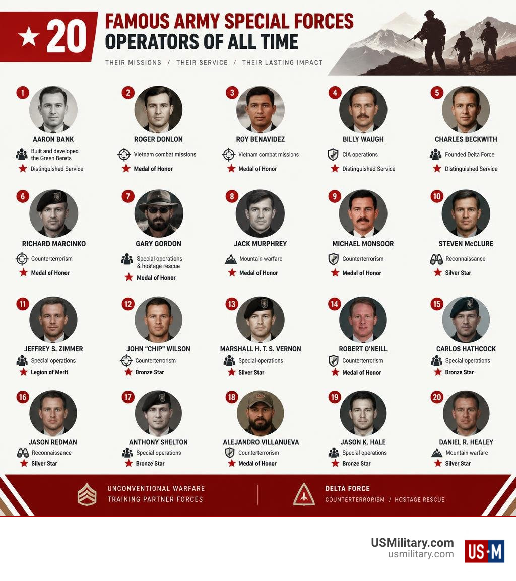 Overview of 20 notable Army Special Forces veterans, their missions, and major honors infographic Overview of 20 notable Army Special Forces veterans, their missions, and major honors infographic