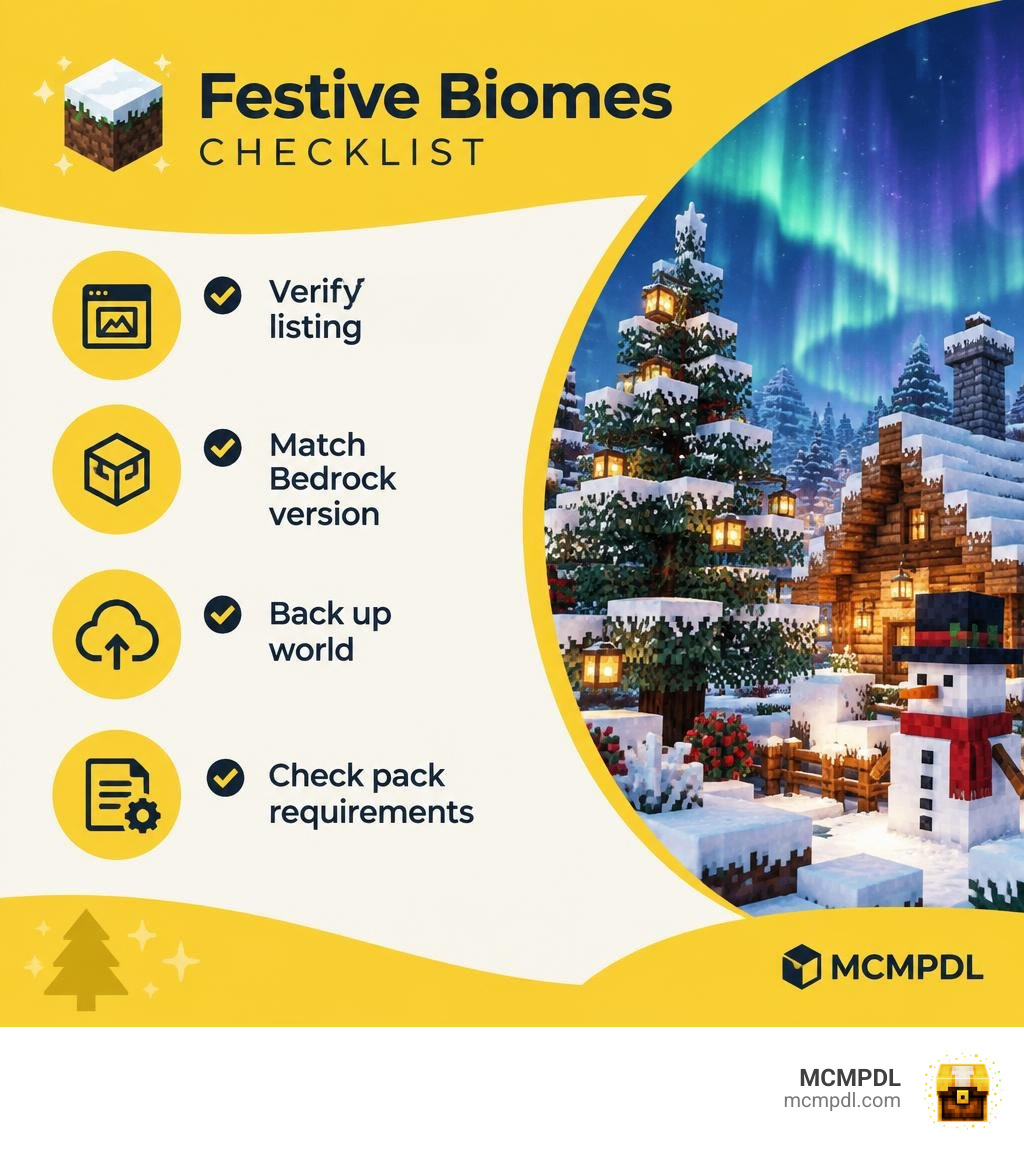 Festive Biomes checklist: verify listing, match Bedrock version, back up world, check pack requirements infographic