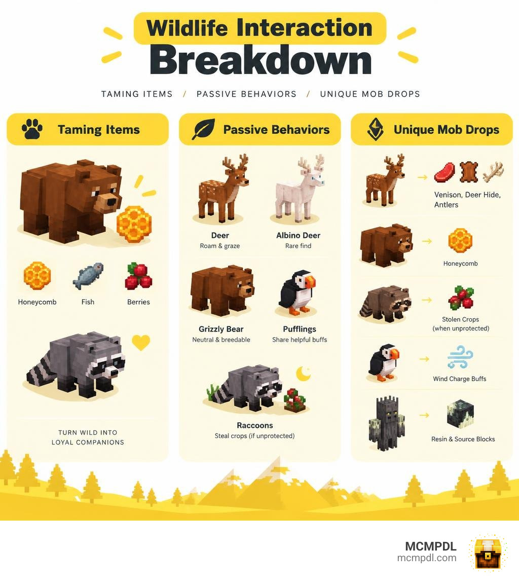 Wildlife interaction breakdown: taming items, passive behaviors, and unique mob drops infographic