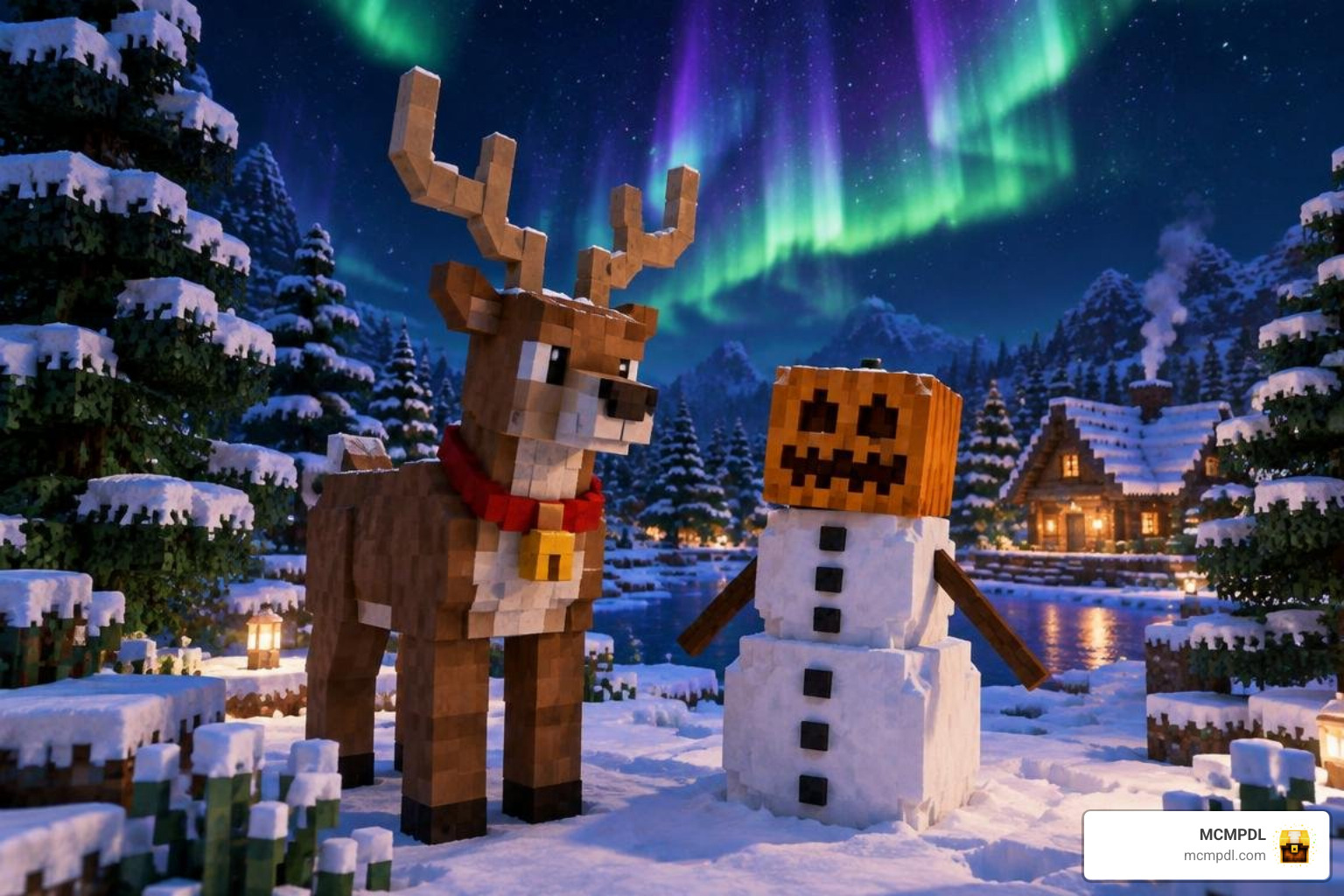 festive custom mobs and snowy trees with northern lights
