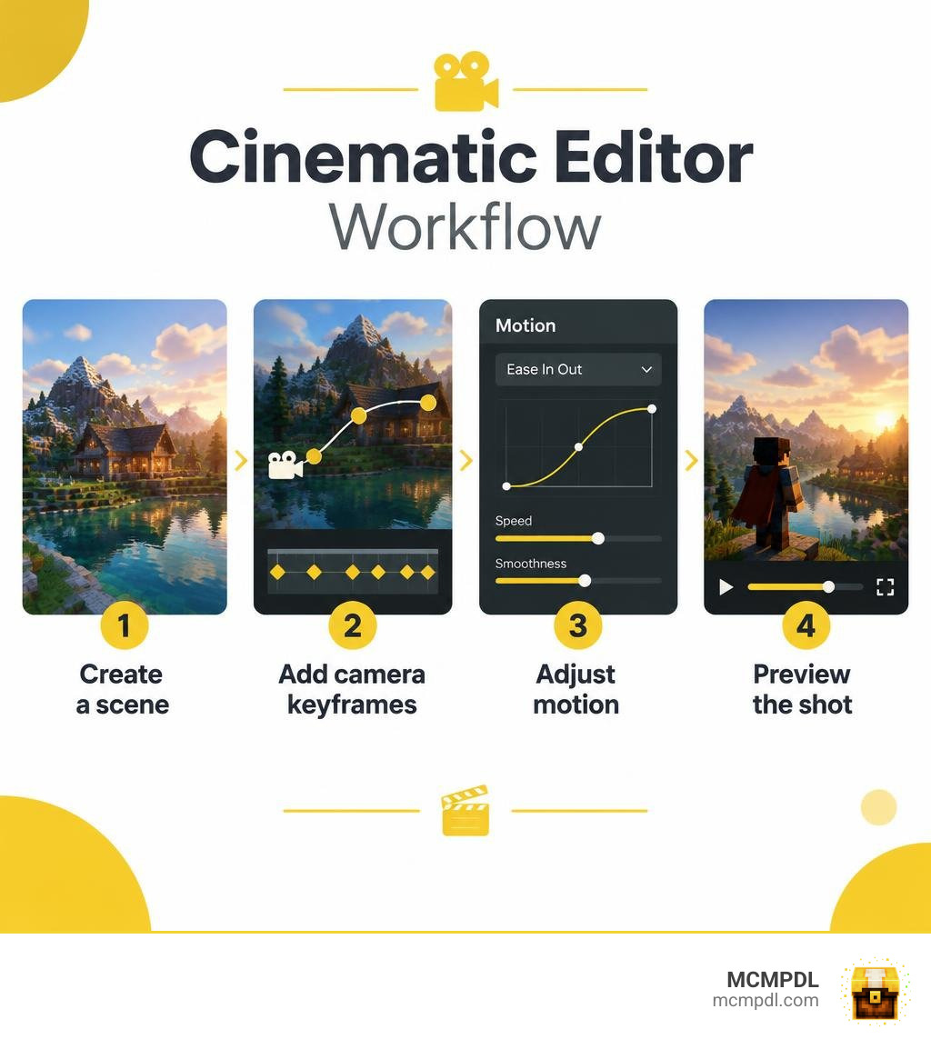 Cinematic Editor workflow: create a scene, add camera keyframes, adjust motion, preview the shot infographic