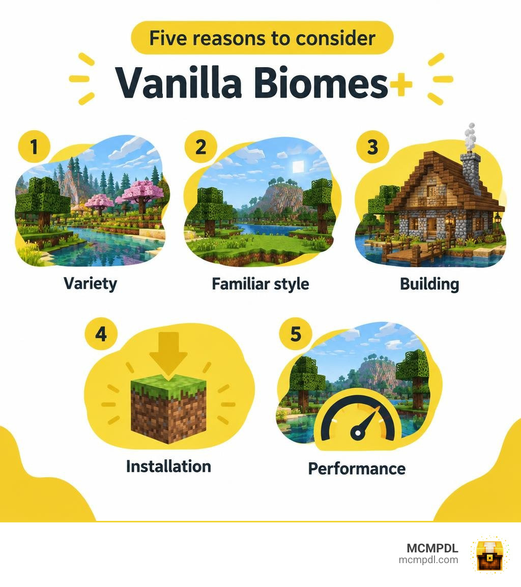 Five reasons to consider Vanilla Biomes+: variety, familiar style, building, installation, performance infographic