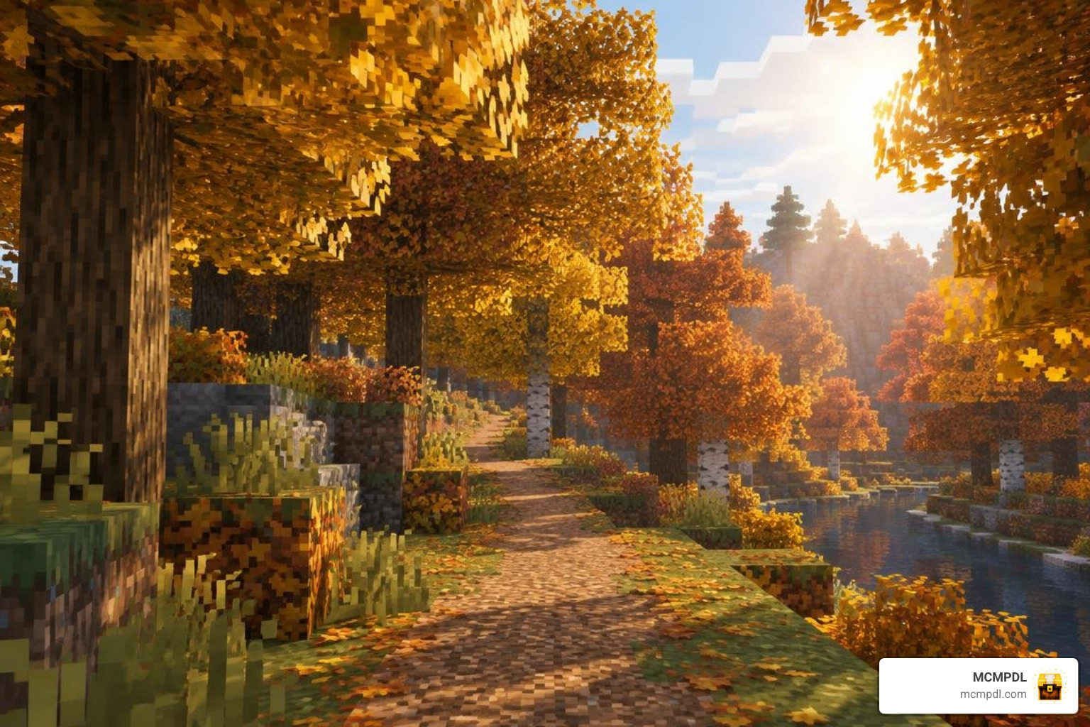 Scenic custom autumn forest biome with golden leaves and winding paths