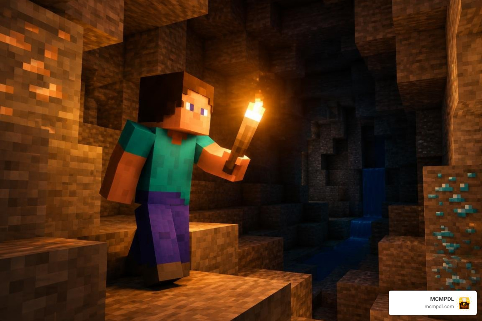Minecraft player holding a glowing torch in a dark cave