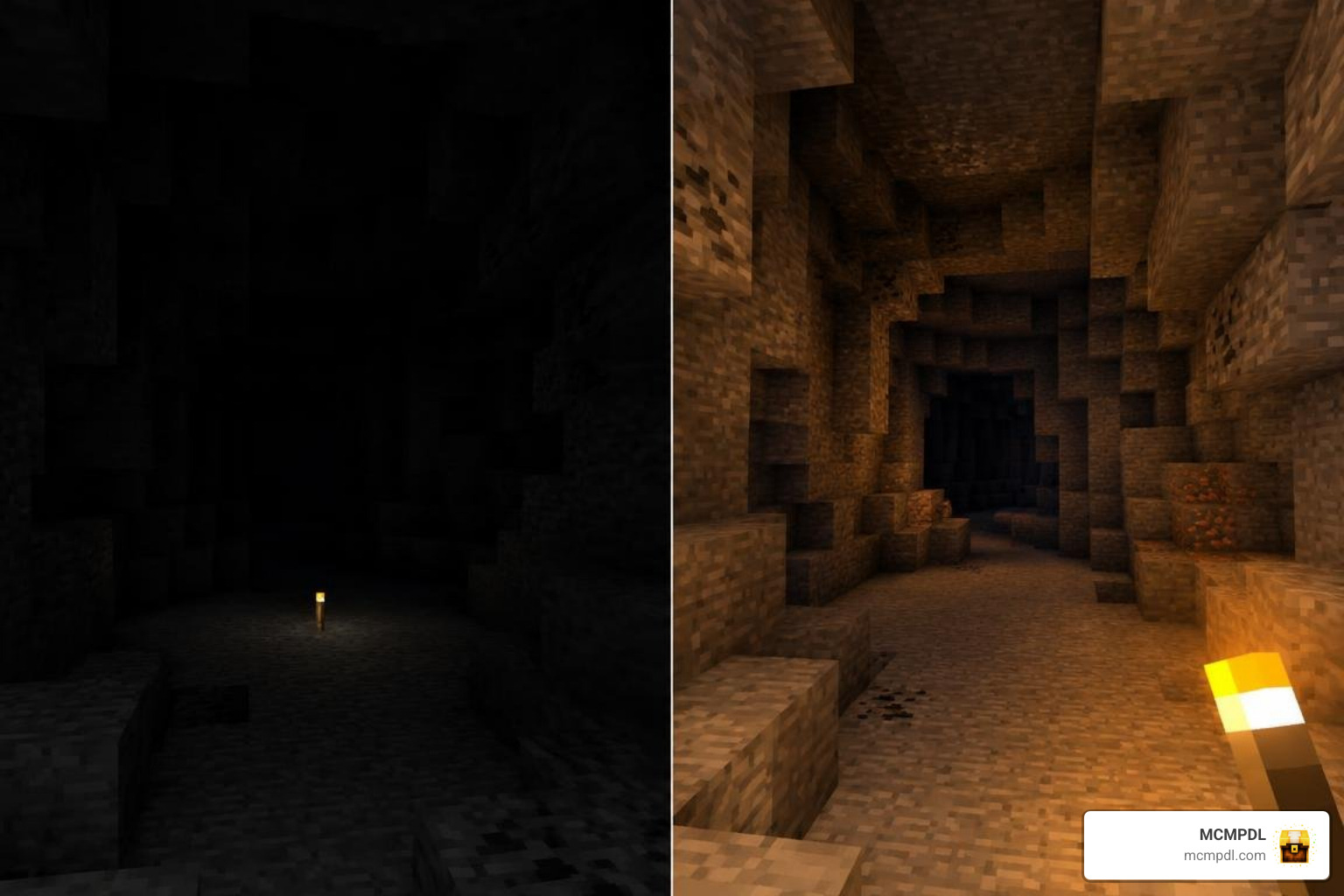 Dynamic lighting comparison between vanilla darkness and colored dynamic radiance
