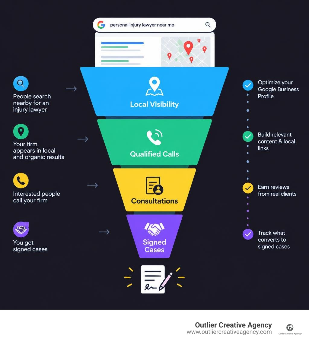 Personal injury search funnel from local visibility to qualified calls and signed cases infographic
