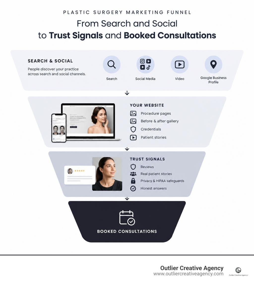 Plastic surgery marketing funnel from search and social to trust signals and booked consultations infographic