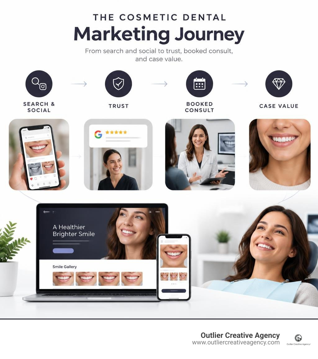 Cosmetic dental marketing journey from search and social to trust, booked consult, and case value infographic
