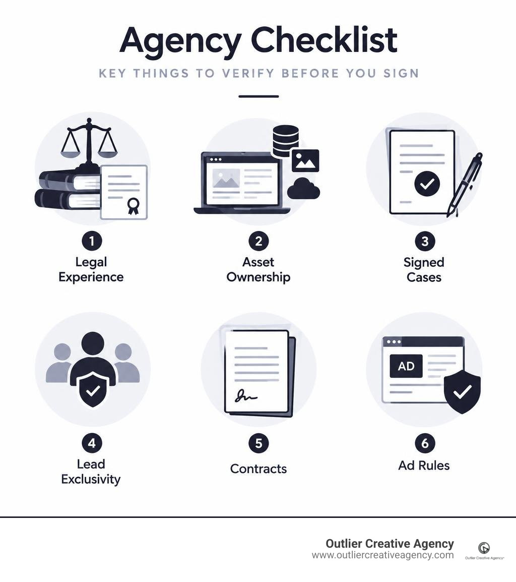 Agency checklist covering legal experience, asset ownership, signed cases, lead exclusivity, contracts, and ad rules
