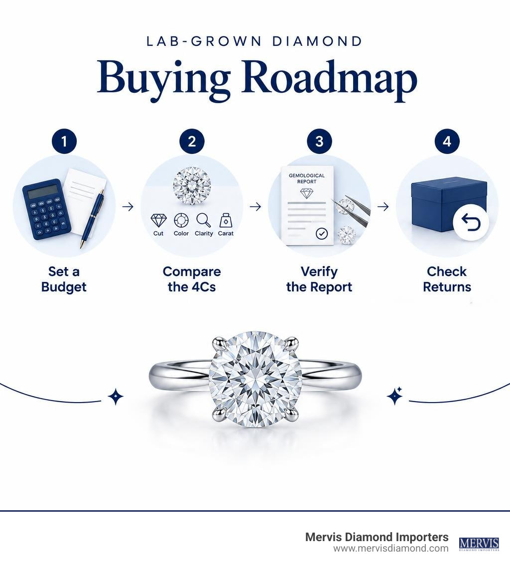 Lab-grown diamond buying roadmap: set a budget, compare the 4Cs, verify the report, check returns infographic