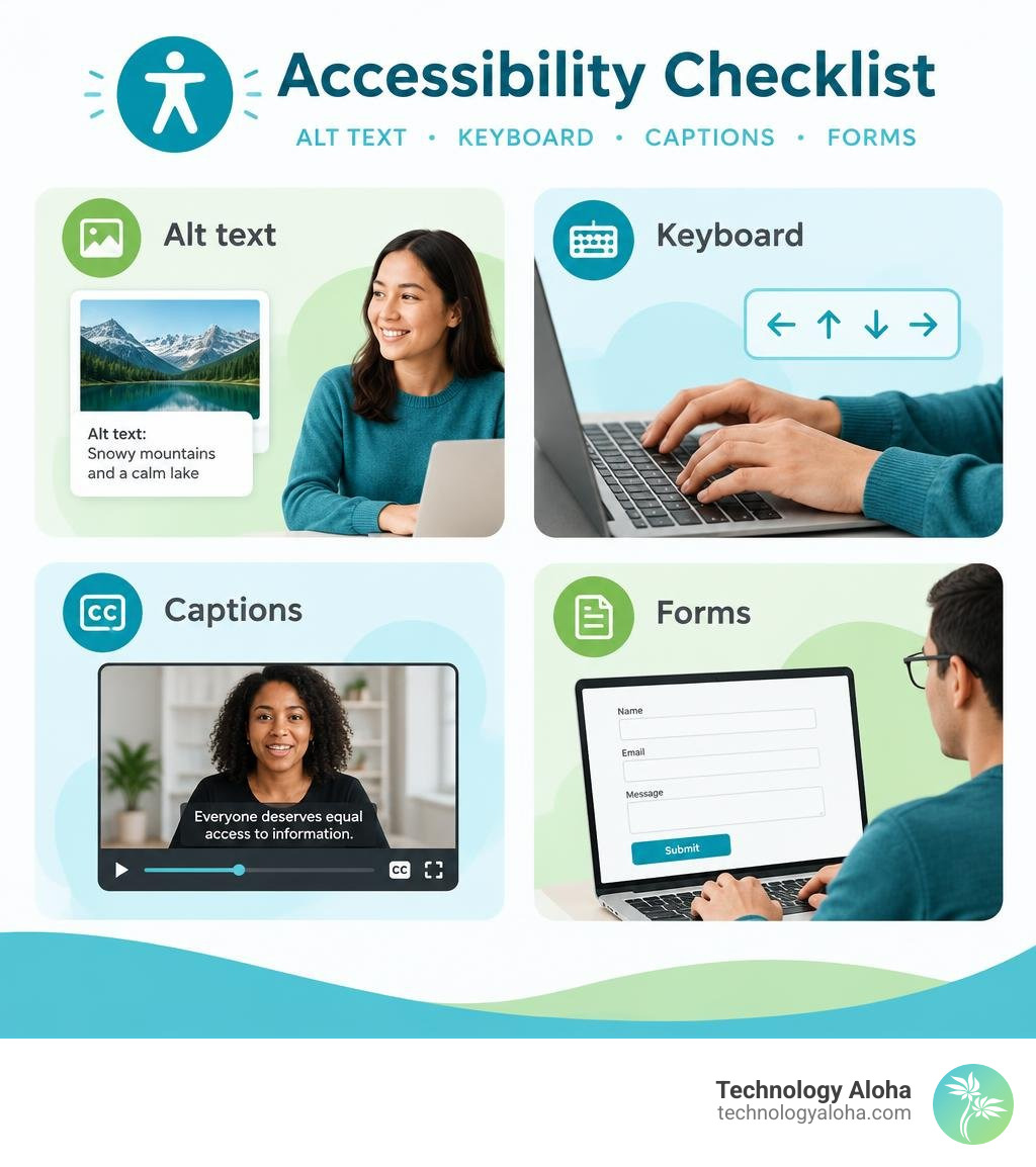 Accessibility checklist: alt text, keyboard, captions, forms; #208a9d #abe080 #50c6db #4d4d4d infographic Accessibility checklist: alt text, keyboard, captions, forms; #208a9d #abe080 #50c6db #4d4d4d infographic