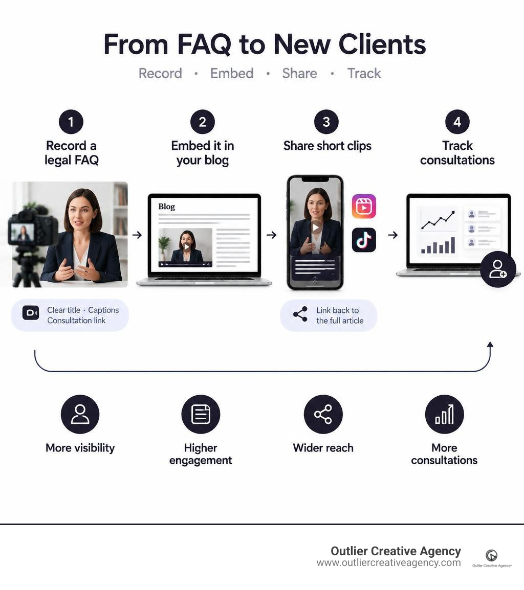 Workflow for recording a legal FAQ, embedding it in a blog, sharing clips, and tracking consultations infographic