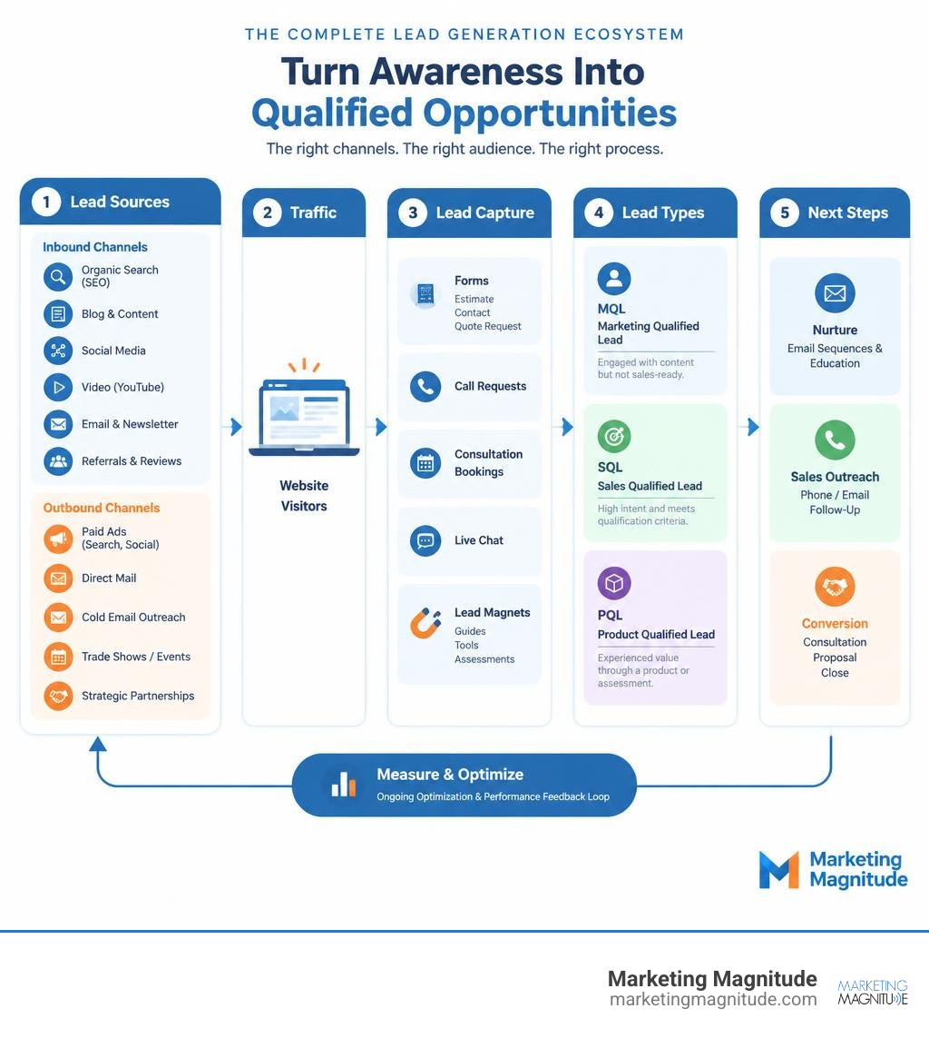 Marketing Magnitude lead generation infographic showing inbound and outbound sources flowing through website traffic, lead Marketing Magnitude lead generation infographic showing inbound and outbound sources flowing through website traffic, lead