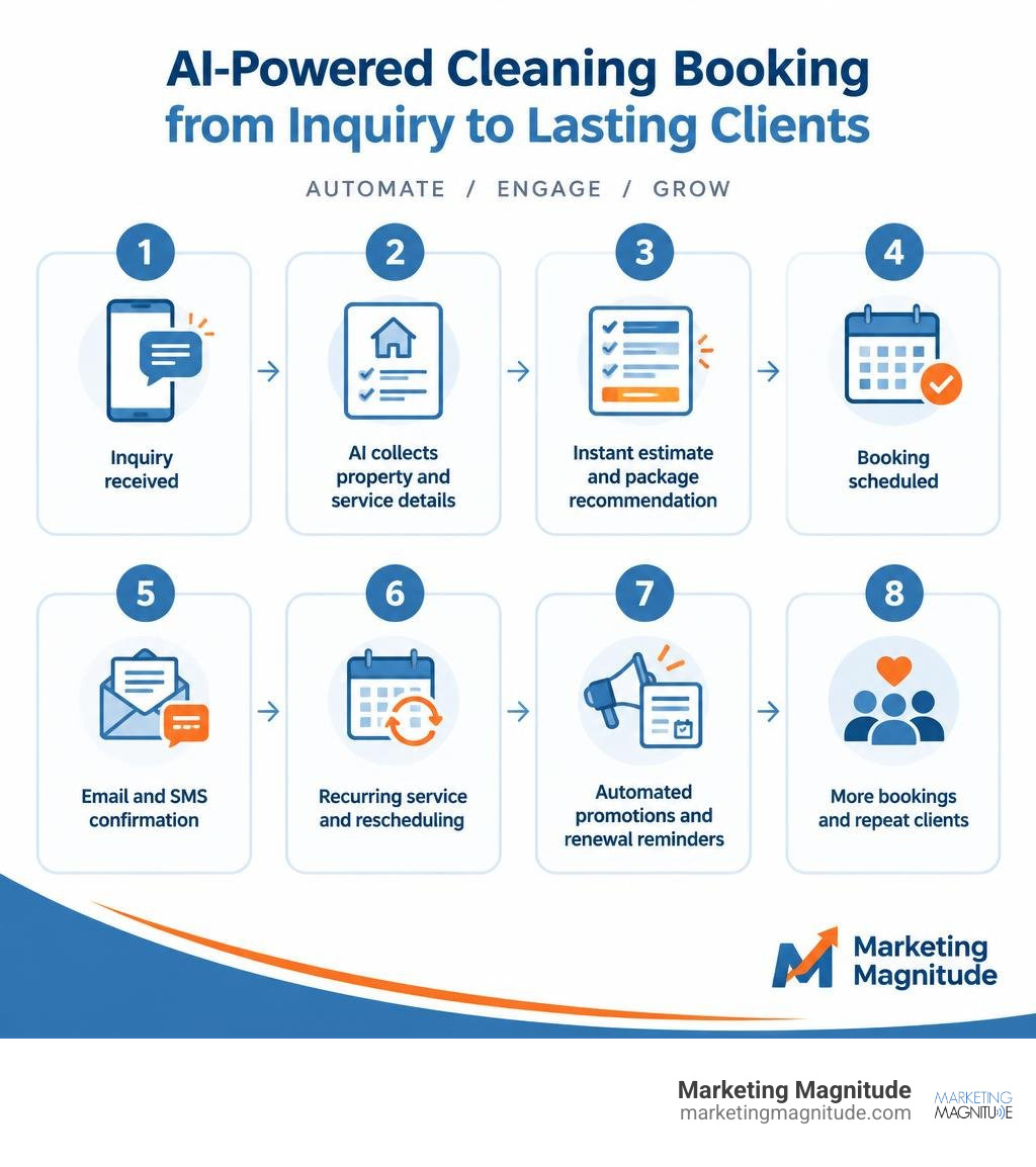 Marketing Magnitude branded infographic showing an automated cleaning booking workflow from inquiry through recurring Marketing Magnitude branded infographic showing an automated cleaning booking workflow from inquiry through recurring