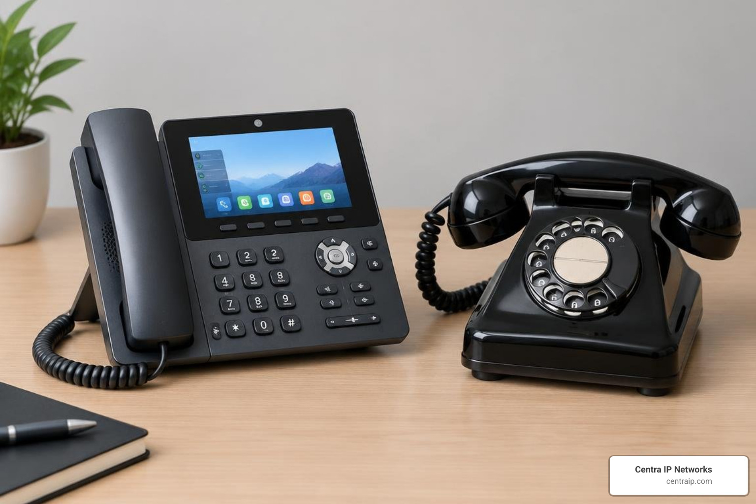 modern IP desk phone next to an analog telephone modern IP desk phone next to an analog telephone