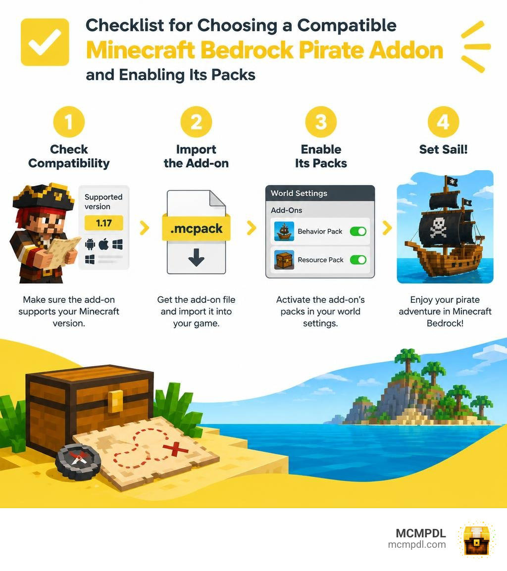 Checklist for choosing a compatible Minecraft Bedrock pirate addon and enabling its packs infographic Checklist for choosing a compatible Minecraft Bedrock pirate addon and enabling its packs infographic