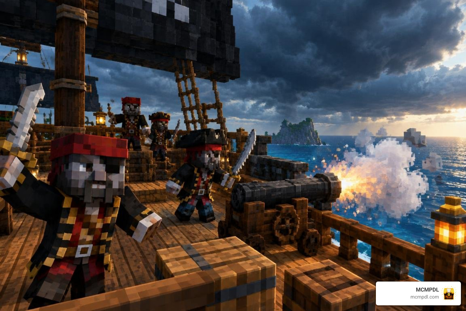 Pirate mobs and cannons on the deck of a Minecraft Bedrock vessel Pirate mobs and cannons on the deck of a Minecraft Bedrock vessel