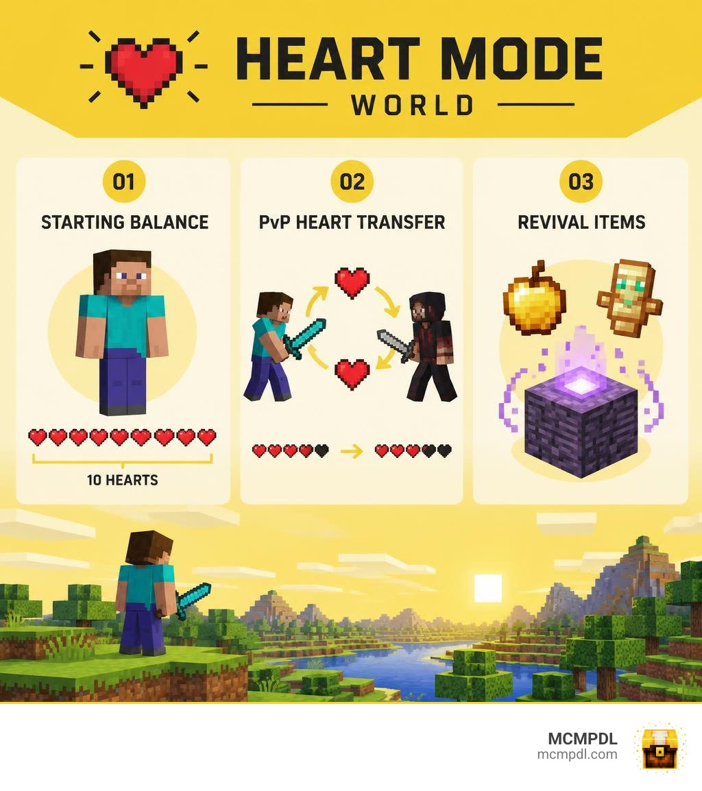 Heart Mode infographic showing a 10-heart starting balance, PvP heart transfer, and revival items infographic