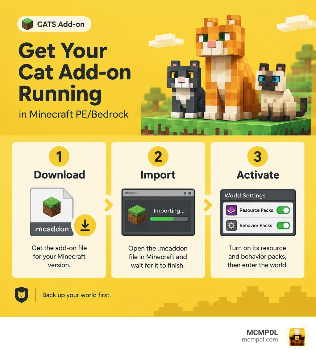 Three steps to install a Minecraft Bedrock cat add-on: download, import, and activate its packs infographic Three steps to install a Minecraft Bedrock cat add-on: download, import, and activate its packs infographic