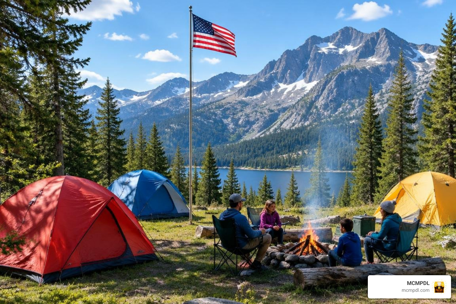 Fully assembled campsite with colored tents and a flagpole waypoint Fully assembled campsite with colored tents and a flagpole waypoint