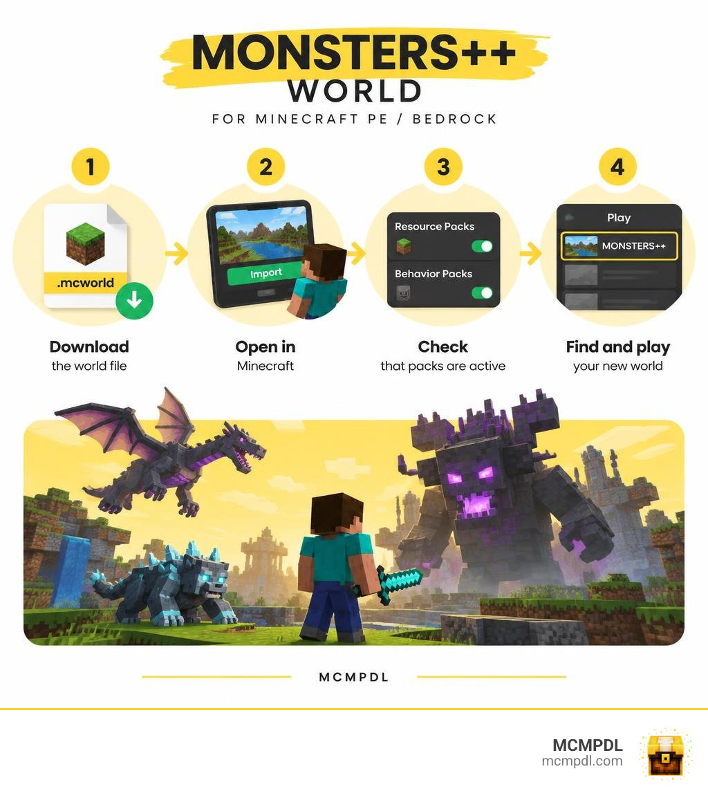 MONSTERS++ download, Bedrock world import, pack check, and play steps infographic