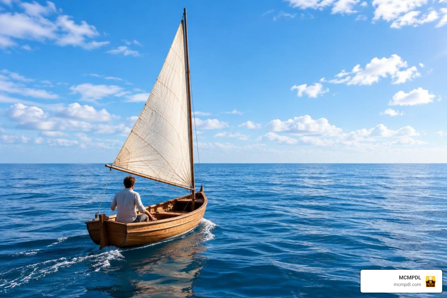 Player sailing across an expansive open ocean