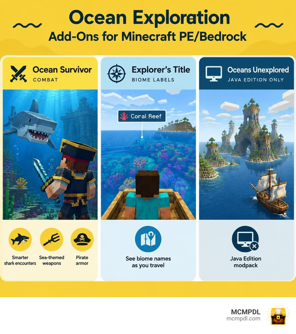 Comparison of Ocean Survivor combat, Explorer's Title biome labels, and Java-only Oceans Unexplored infographic
