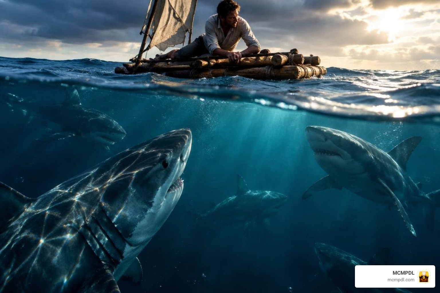A pack of hostile sharks surrounding a wooden survival raft
