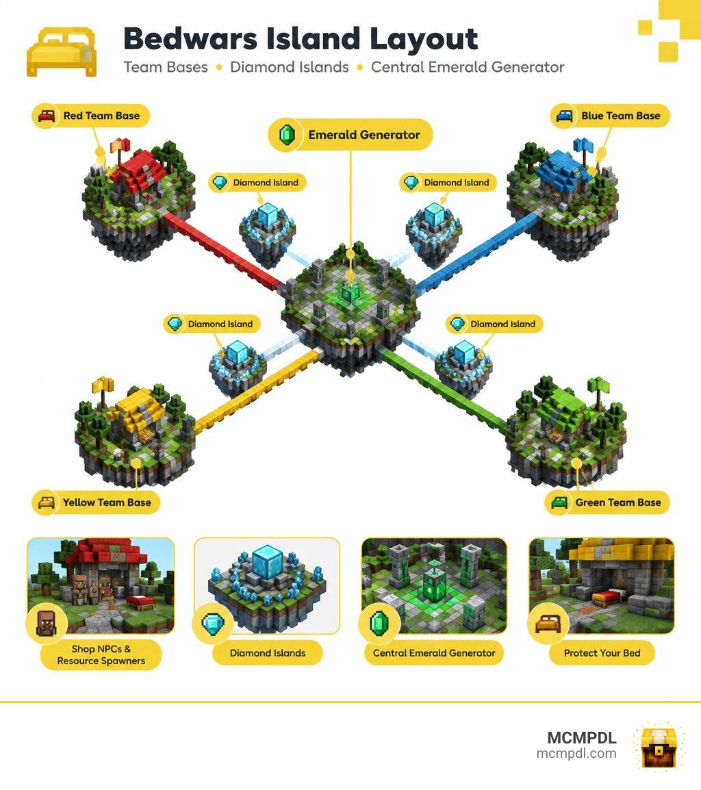 Bedwars island layout showing team bases, diamond islands, and central emerald generator infographic
