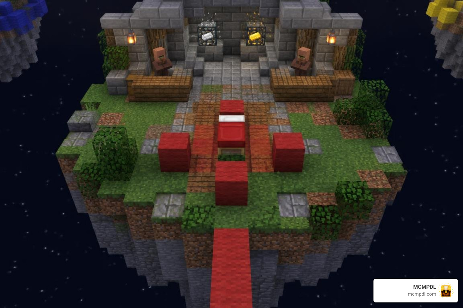 Team base island featuring resource spawners and shop NPCs