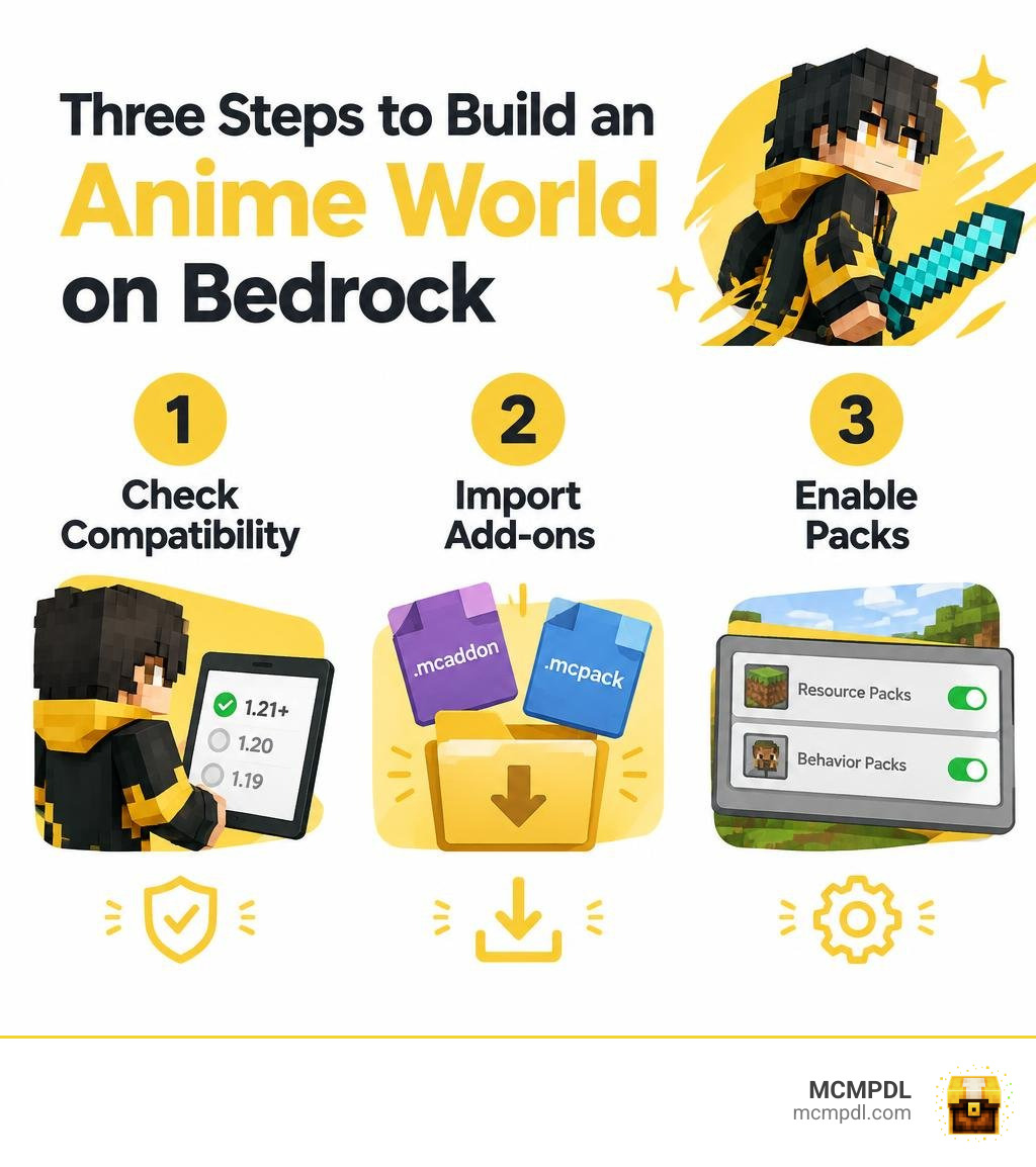Three steps to build an anime world on Bedrock: check compatibility, import add-ons, and enable packs infographic