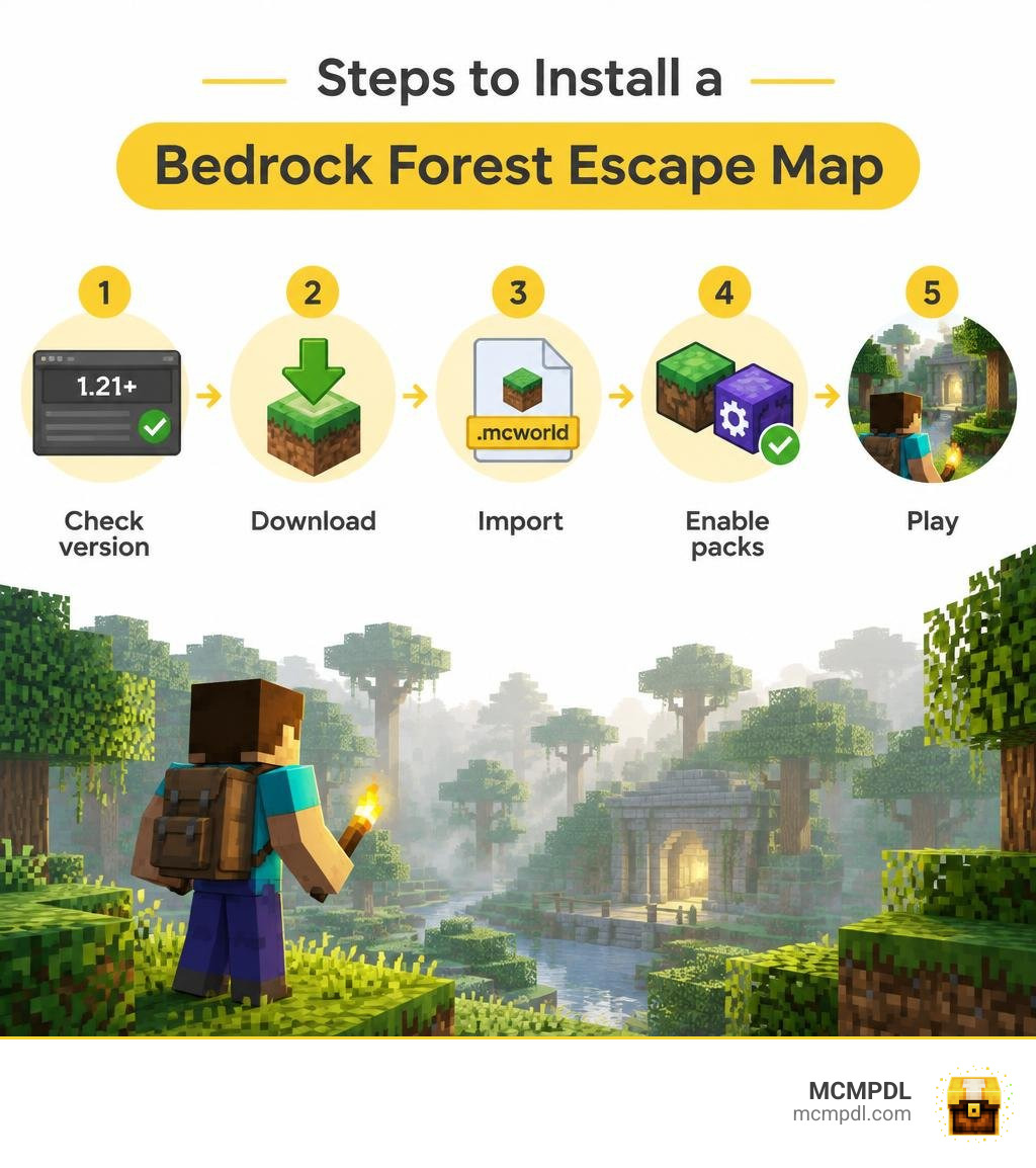 Steps to install a Bedrock forest escape map: check version, download, import, enable packs, play infographic