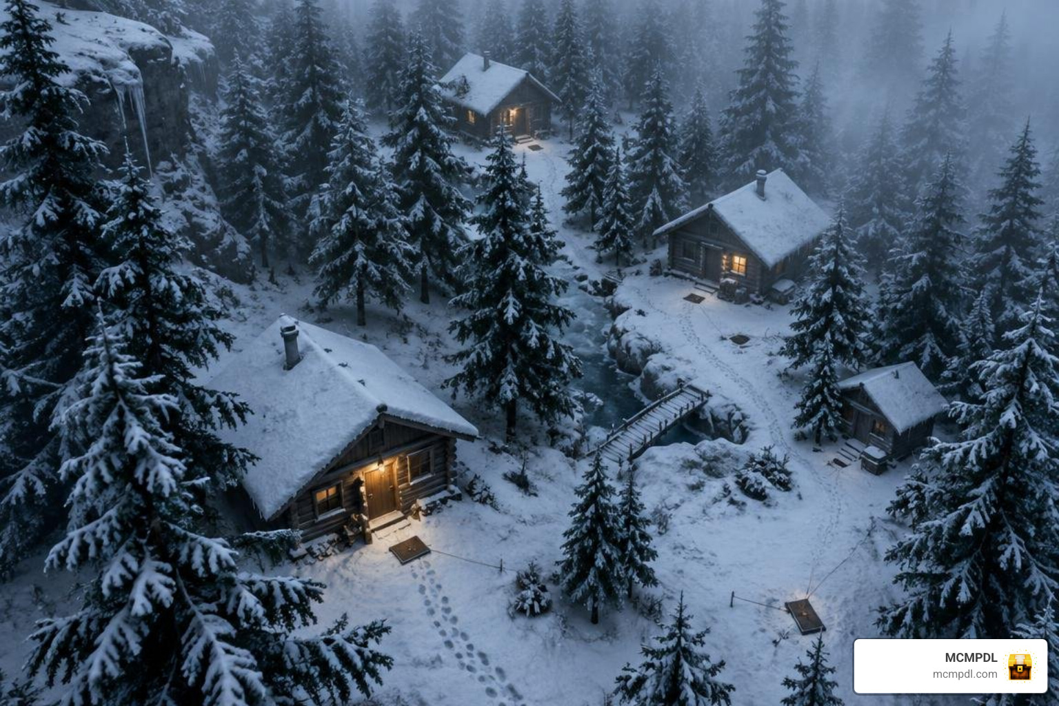 Map overview of a snowy forest escape room with hidden cabins and traps