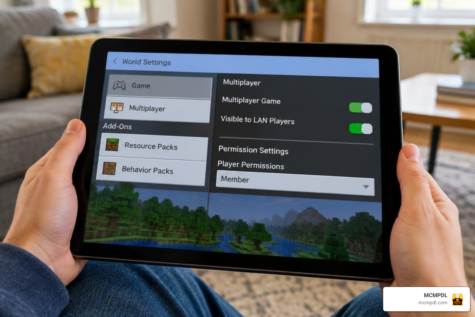 Multiplayer world settings and permission configuration in Minecraft Bedrock
