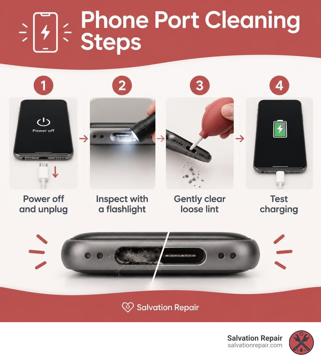 Phone port cleaning steps: power off, inspect with a flashlight, gently clear loose lint, test charging infographic