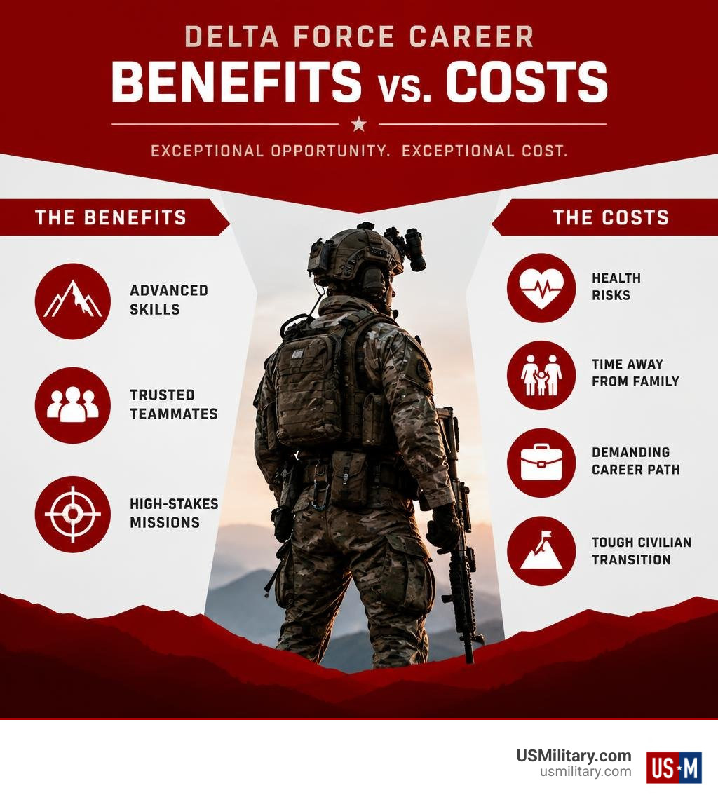 Delta Force career benefits compared with health, family, and career costs infographic Delta Force career benefits compared with health, family, and career costs infographic