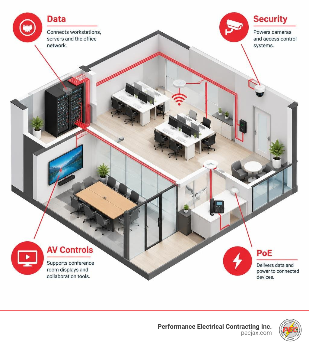 Low voltage cabling ecosystem infographic showing data, security, AV controls, and Power over Ethernet in a modern office Low voltage cabling ecosystem infographic showing data, security, AV controls, and Power over Ethernet in a modern office