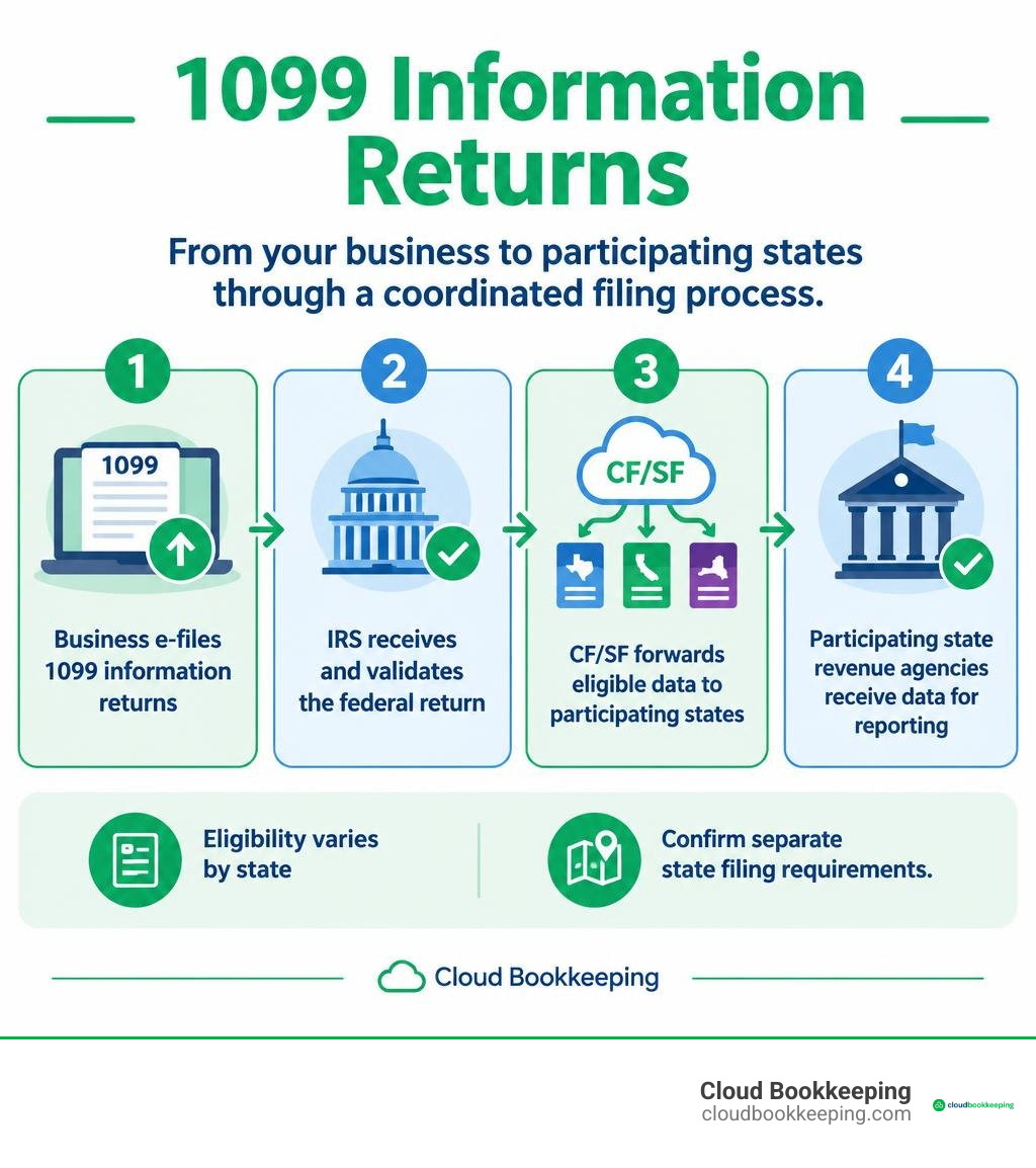 Detailed colorful infographic showing how 1099 information returns move from a business through the IRS Combined Federal