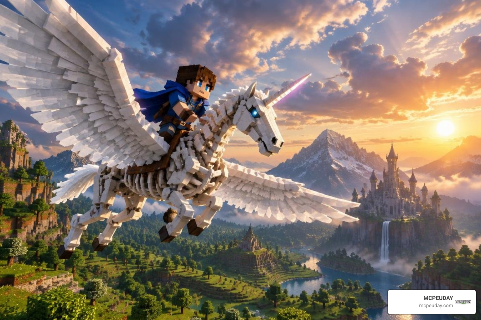 player riding an Alicorn across a fantasy landscape player riding an Alicorn across a fantasy landscape