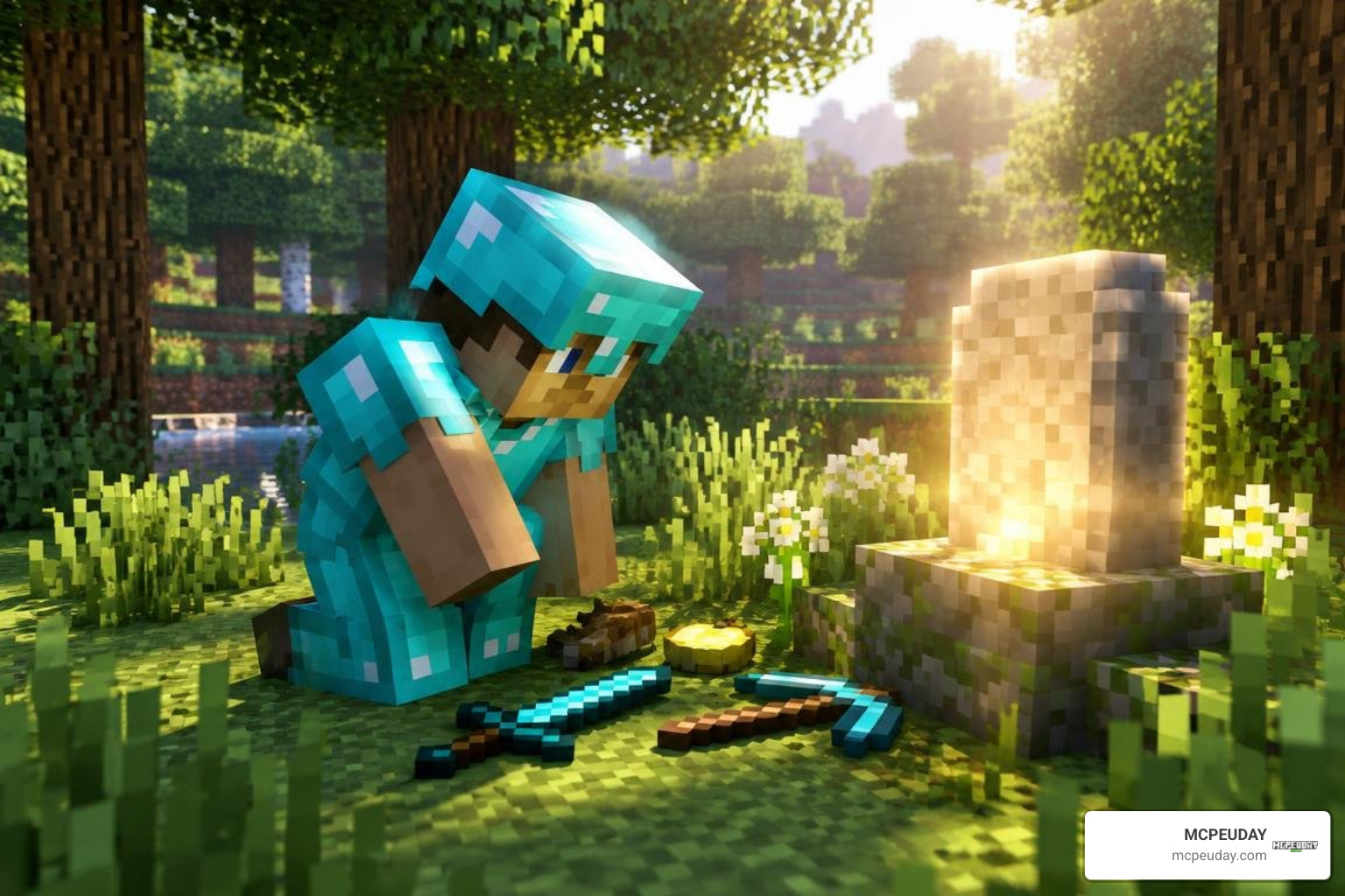 Photorealistic Minecraft Bedrock player recovering items from a glowing gravestone Photorealistic Minecraft Bedrock player recovering items from a glowing gravestone