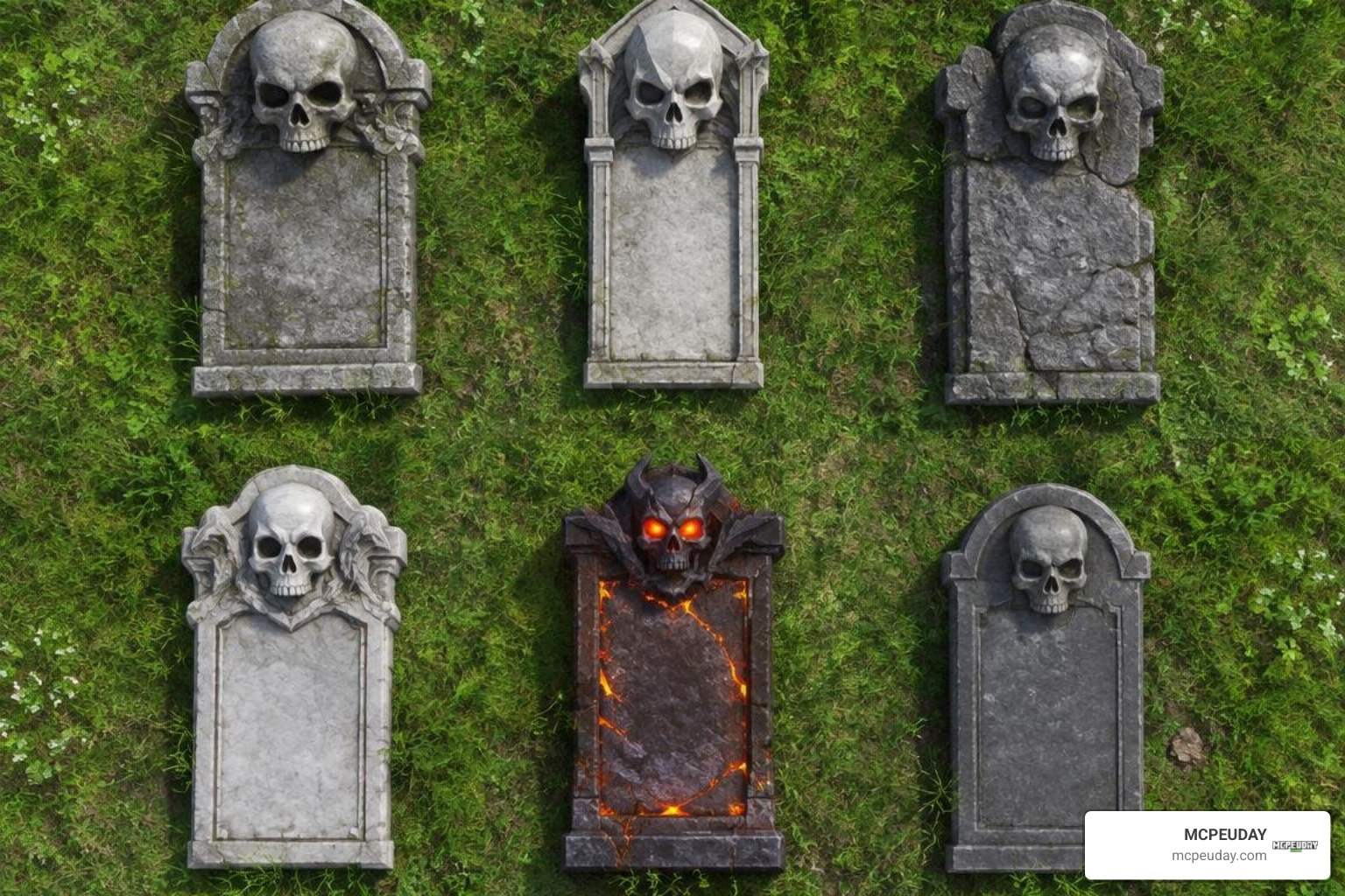 Showcase of various gravestone skull variants and nether themed grave markers Showcase of various gravestone skull variants and nether themed grave markers