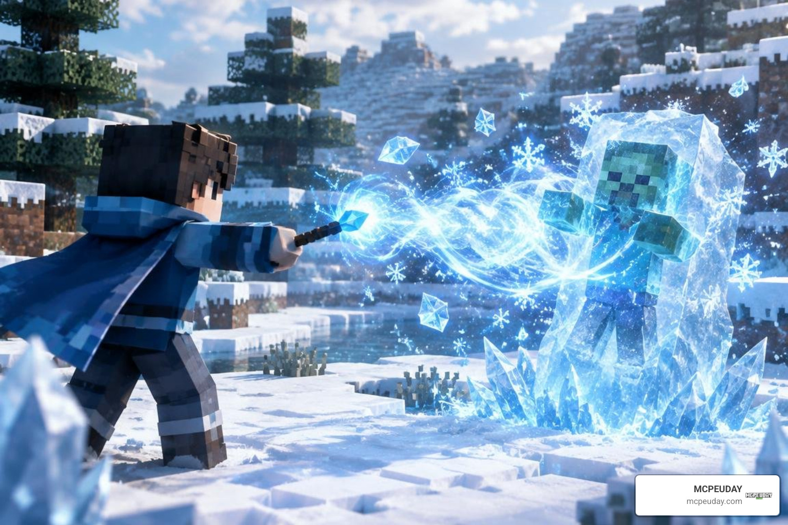 Minecraft player casting ice magic
