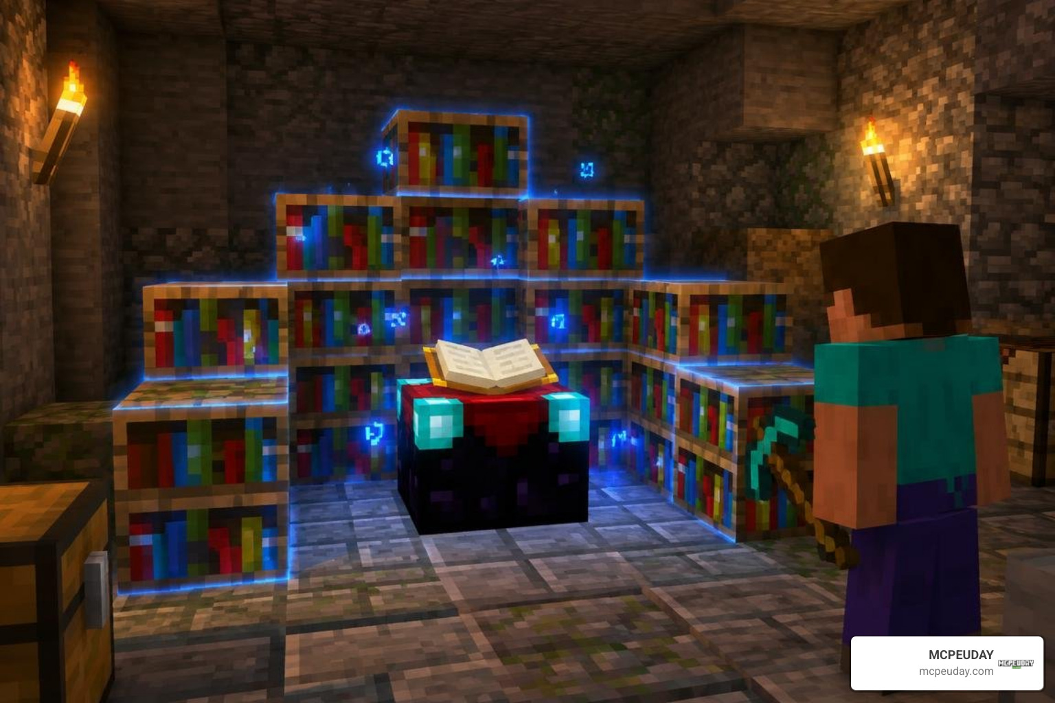 Charged bookshelves arranged around an enchanting table in Minecraft Bedrock Charged bookshelves arranged around an enchanting table in Minecraft Bedrock