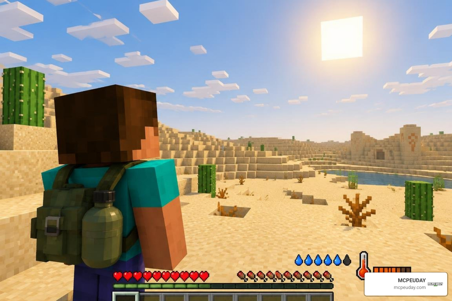 Minecraft survival player in a hot desert with thirst and temperature meters