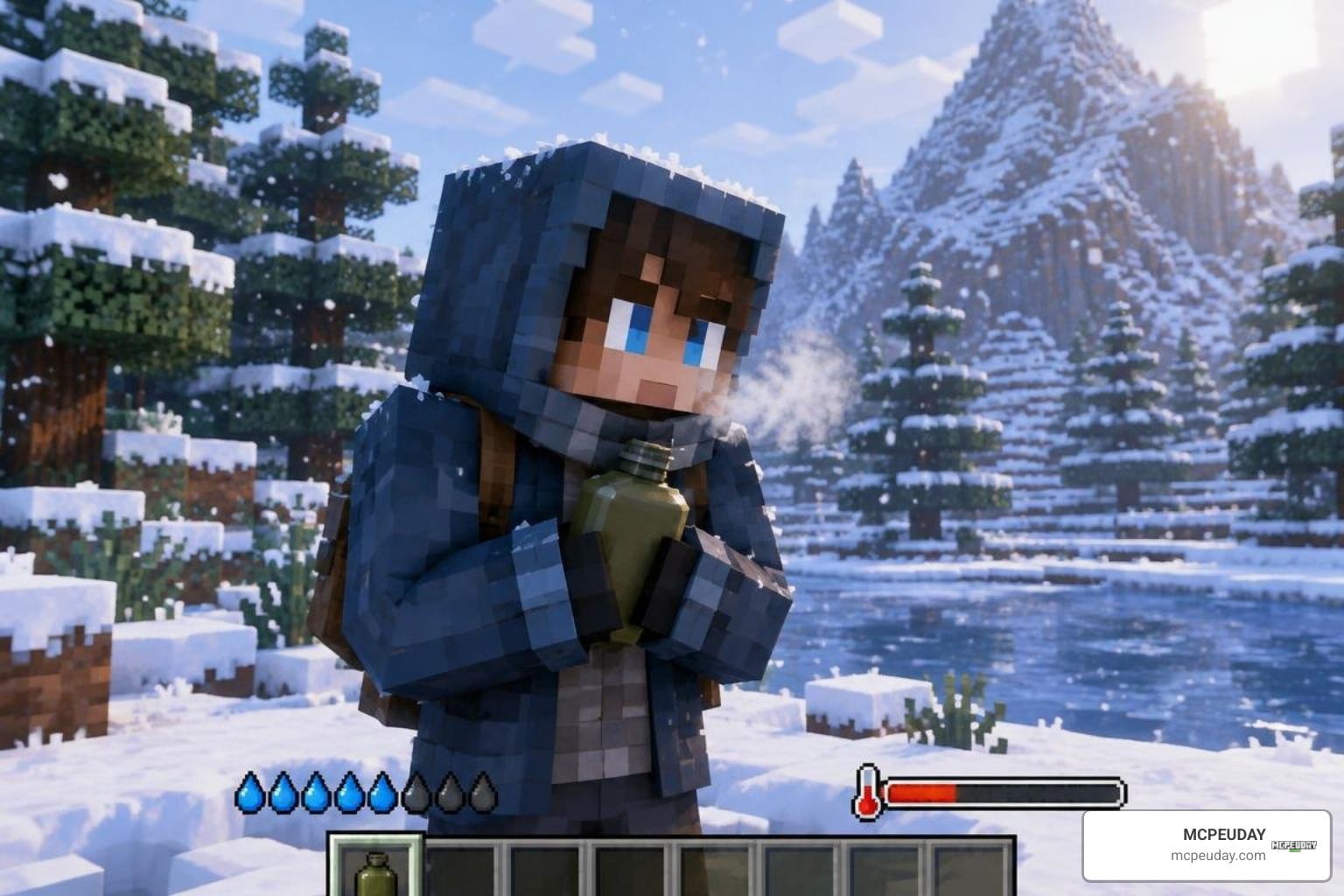 player managing body heat and hydration in extreme biomes