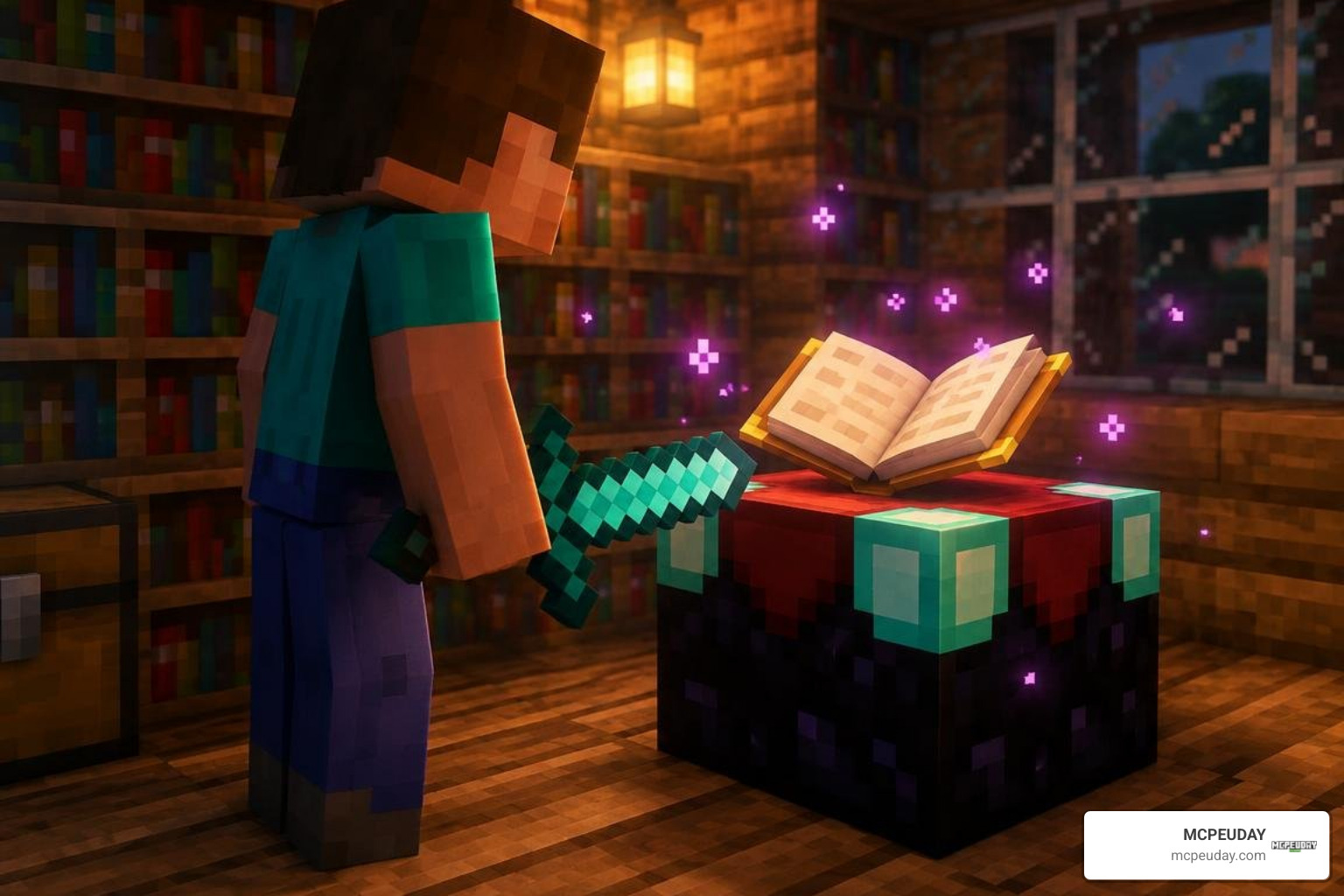 Minecraft Bedrock player holding an item beside an enchanting table Minecraft Bedrock player holding an item beside an enchanting table