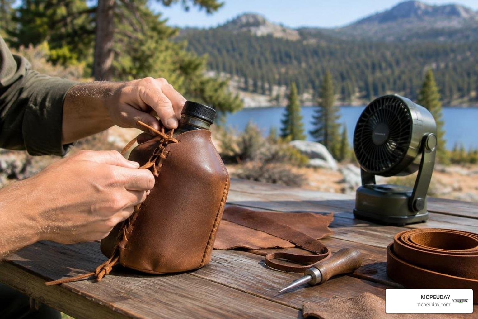 crafting a leather canteen and operating portable cooling gear