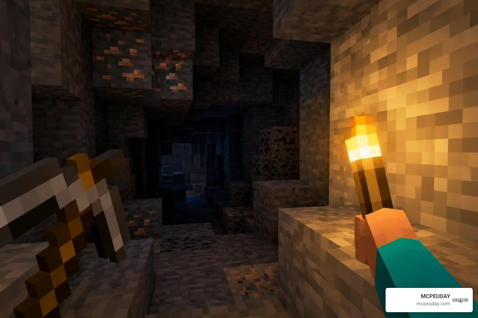 Minecraft player placing offhand blocks while holding a pickaxe in a mine